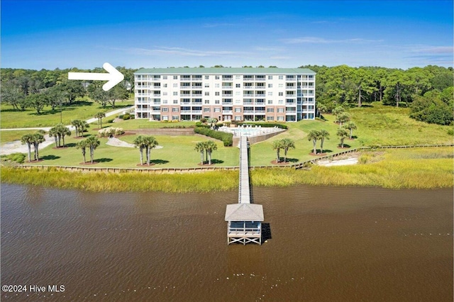 drone / aerial view featuring a water view