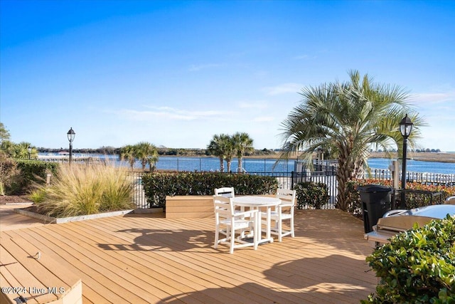 wooden deck featuring a water view