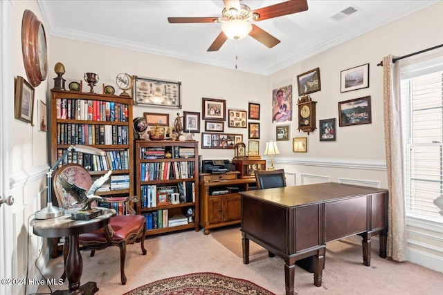 office area featuring light carpet, a wealth of natural light, and ceiling fan