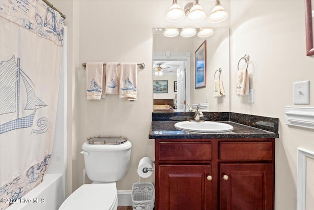 full bathroom with shower / bathtub combination with curtain, ceiling fan, vanity, and toilet