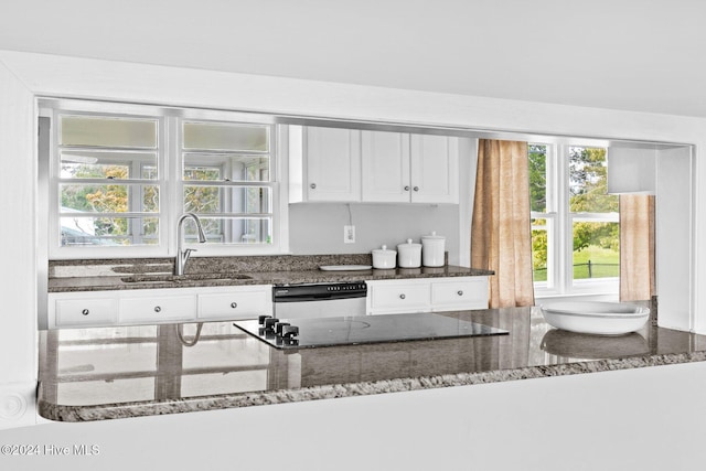 kitchen with white cabinets, dishwasher, dark stone countertops, and sink