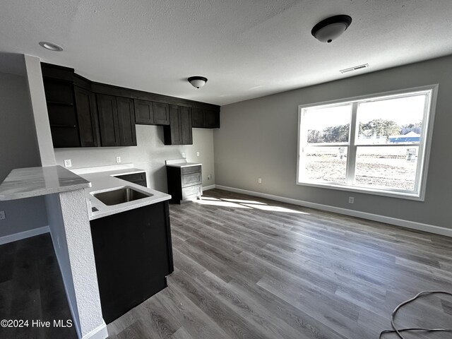 kitchen with kitchen peninsula, ceiling fan, hardwood / wood-style floors, and a textured ceiling