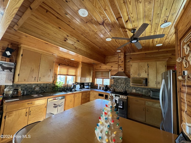 kitchen with sink, wooden ceiling, appliances with stainless steel finishes, range hood, and backsplash