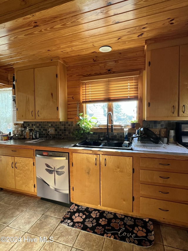 kitchen featuring tasteful backsplash, wooden ceiling, sink, and dishwashing machine