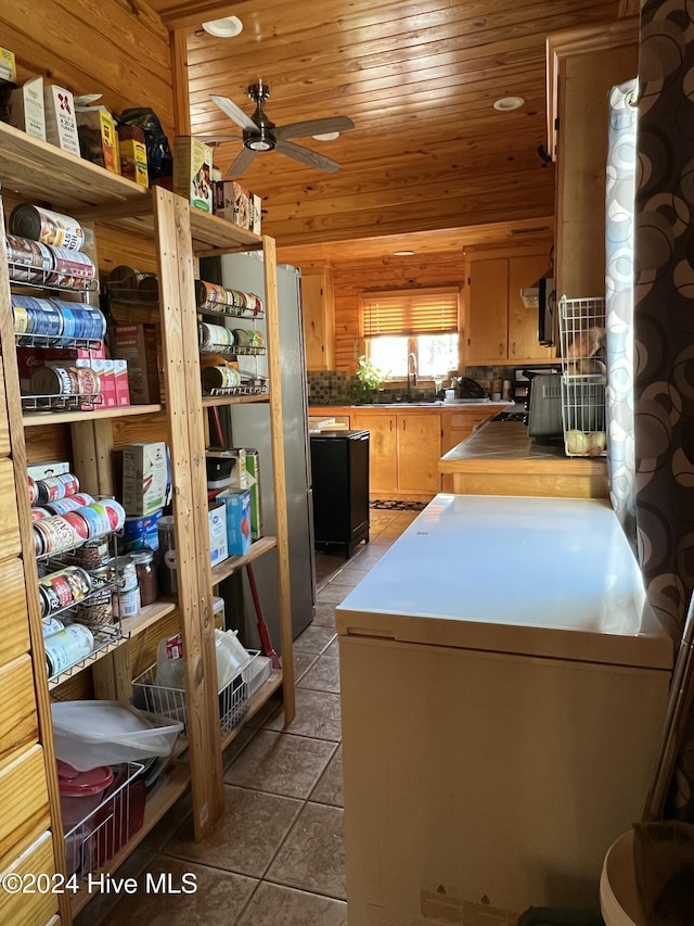 kitchen featuring tile patterned flooring, ceiling fan, sink, and wood ceiling