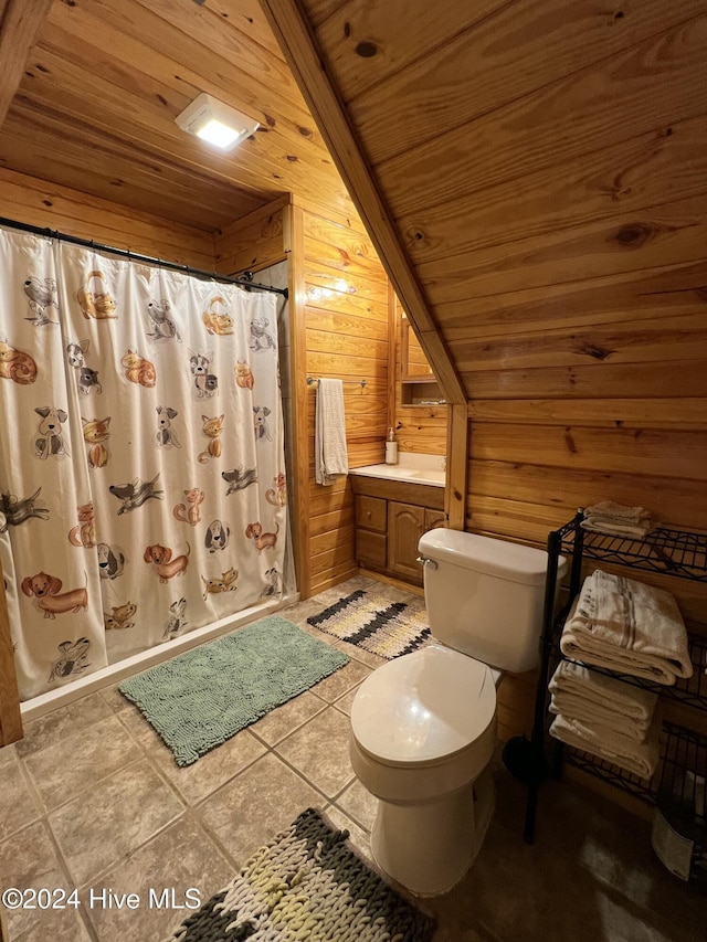 bathroom featuring wood ceiling, a shower with shower curtain, vanity, toilet, and wood walls