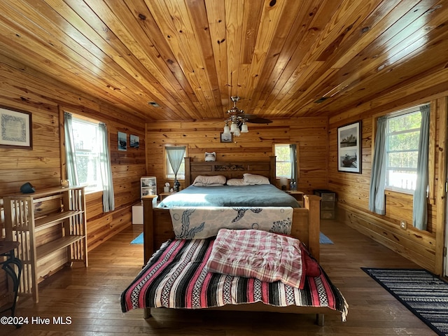 bedroom with wood-type flooring, multiple windows, and wooden ceiling