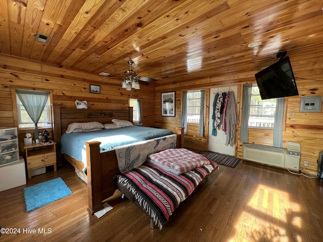 bedroom with ceiling fan, wooden ceiling, wood-type flooring, and wood walls