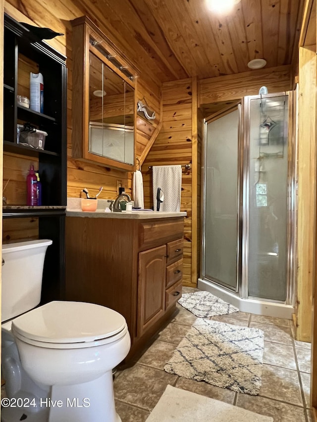 bathroom with vanity, wooden walls, wooden ceiling, and walk in shower