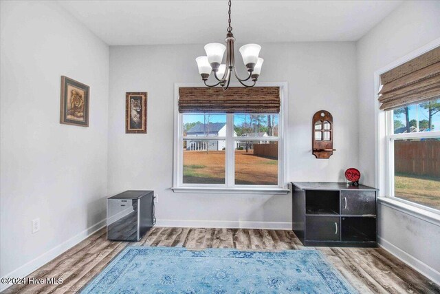 unfurnished dining area with plenty of natural light, wood-type flooring, and a chandelier