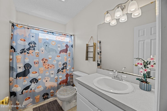 bathroom featuring vanity, toilet, a textured ceiling, and walk in shower