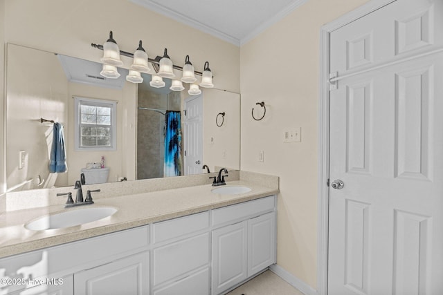 bathroom with ornamental molding, a shower with shower curtain, and vanity