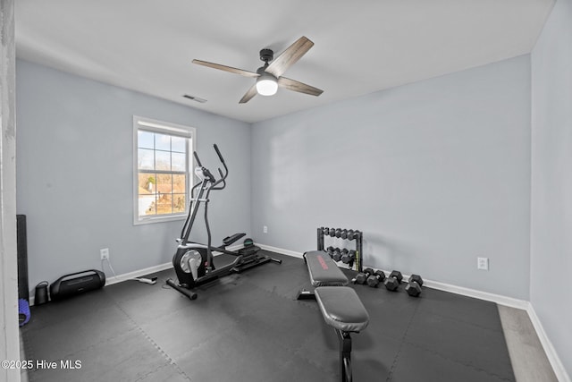 exercise room with ceiling fan