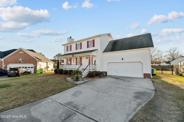 front of property with a garage, covered porch, and a front lawn