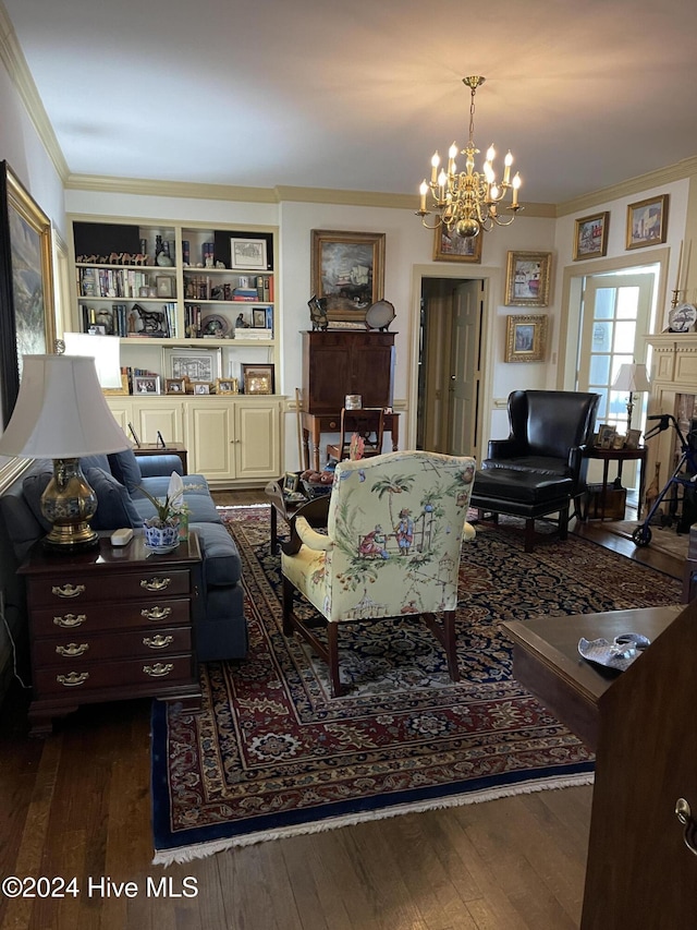 living room featuring a notable chandelier, dark hardwood / wood-style flooring, and ornamental molding