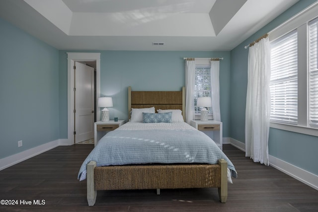 bedroom with a raised ceiling and dark hardwood / wood-style floors