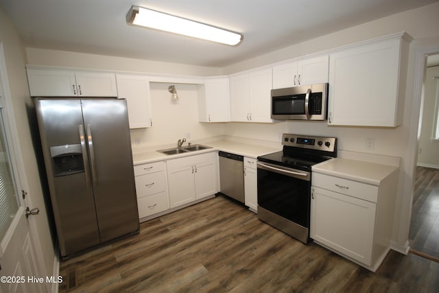 kitchen with sink, stainless steel appliances, dark hardwood / wood-style floors, and white cabinets