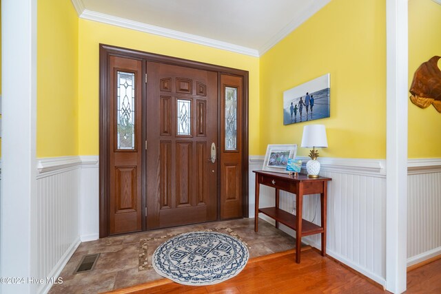 bedroom featuring carpet, access to outside, ceiling fan, and crown molding