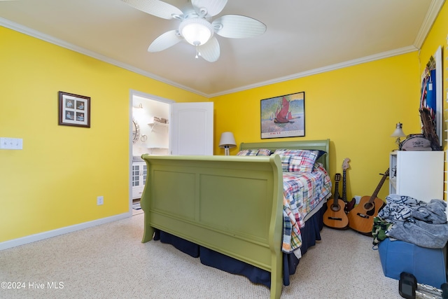 bedroom with light colored carpet, ceiling fan, and ornamental molding