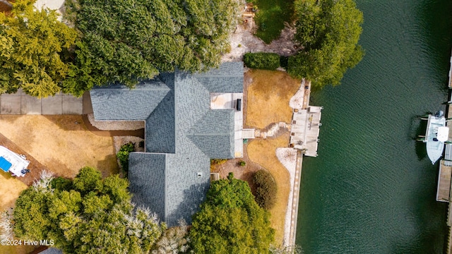 drone / aerial view featuring a water view