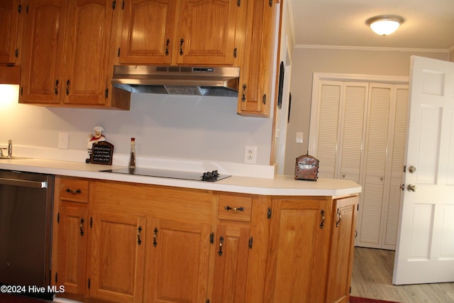 kitchen with stainless steel dishwasher, stovetop, light hardwood / wood-style floors, and ornamental molding