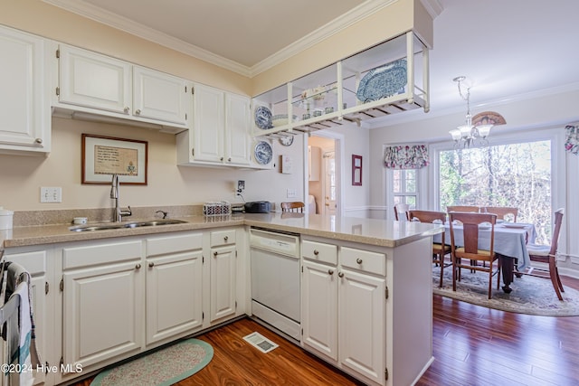 kitchen featuring kitchen peninsula, white dishwasher, crown molding, sink, and white cabinets