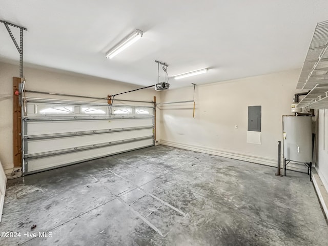 garage with electric panel, gas water heater, and a garage door opener