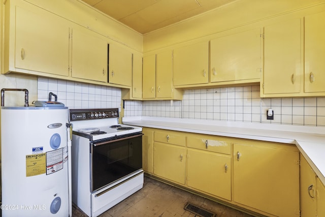 kitchen with white electric range oven, decorative backsplash, and electric water heater