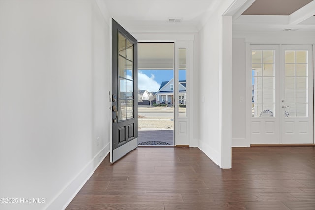 4450 Old Towne St, Wilmington, NC 28412 - entryway featuring french doors, dark wood-style floors, baseboards, and ornamental molding