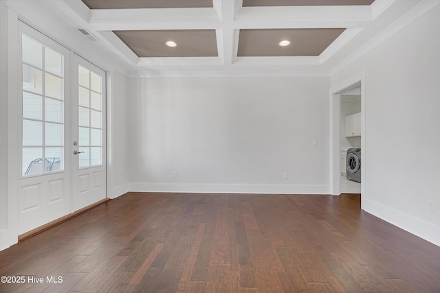4450 Old Towne St, Wilmington, NC 28412 - unfurnished room featuring washer / clothes dryer, coffered ceiling, french doors, dark wood-style flooring, and ornamental molding