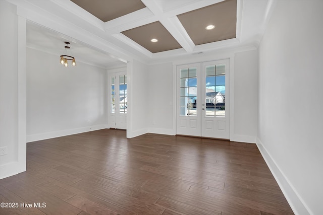 4450 Old Towne St, Wilmington, NC 28412 - empty room with coffered ceiling, beam ceiling, dark wood-style flooring, baseboards, and recessed lighting