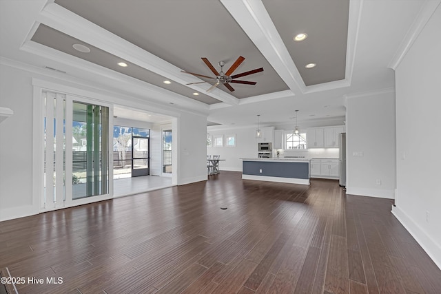 4450 Old Towne St, Wilmington, NC 28412 - unfurnished living room featuring a ceiling fan, ornamental molding, dark wood-style floors, baseboards, and recessed lighting