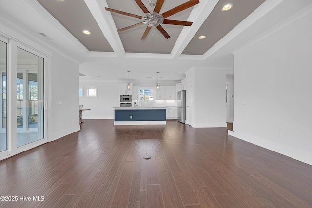4450 Old Towne St, Wilmington, NC 28412 - unfurnished living room with recessed lighting, a ceiling fan, baseboards, dark wood-style flooring, and beamed ceiling
