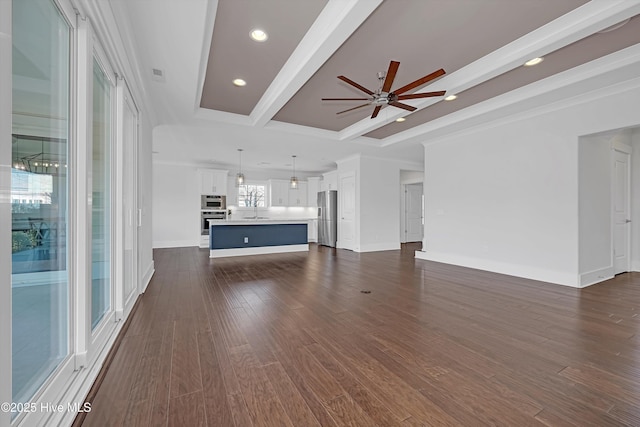 4450 Old Towne St, Wilmington, NC 28412 - unfurnished living room with ceiling fan, a sink, recessed lighting, ornamental molding, and dark wood-style floors