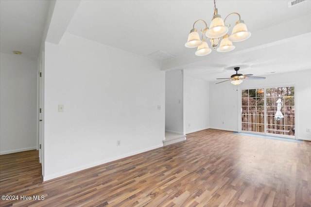 unfurnished living room with beam ceiling, dark hardwood / wood-style floors, and ceiling fan with notable chandelier