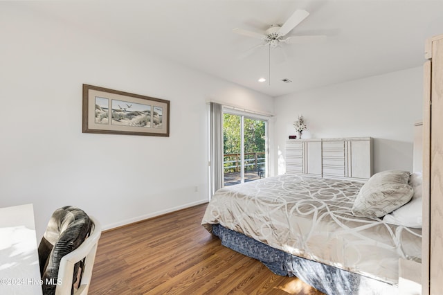 bedroom with access to exterior, ceiling fan, and hardwood / wood-style floors