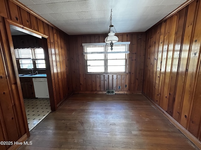 unfurnished dining area with sink, dark wood-type flooring, and wood walls