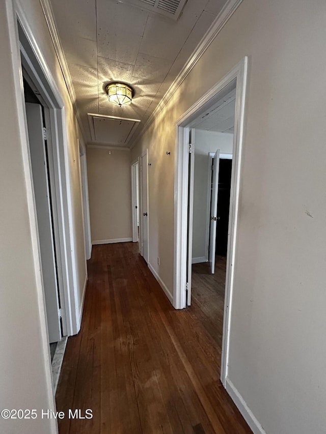 hallway with crown molding and dark hardwood / wood-style floors