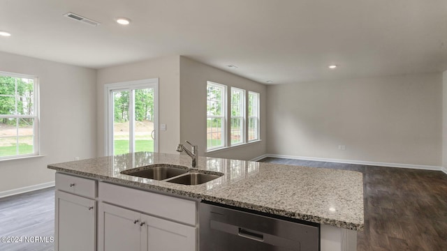 kitchen featuring sink, stainless steel dishwasher, a wealth of natural light, dark hardwood / wood-style flooring, and white cabinetry