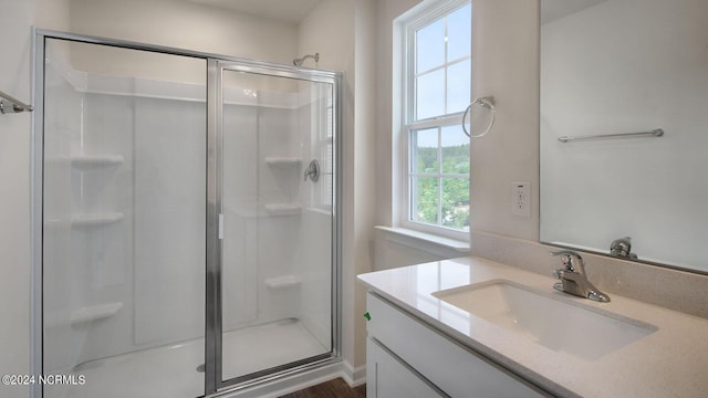 bathroom with vanity, hardwood / wood-style flooring, and a shower with door