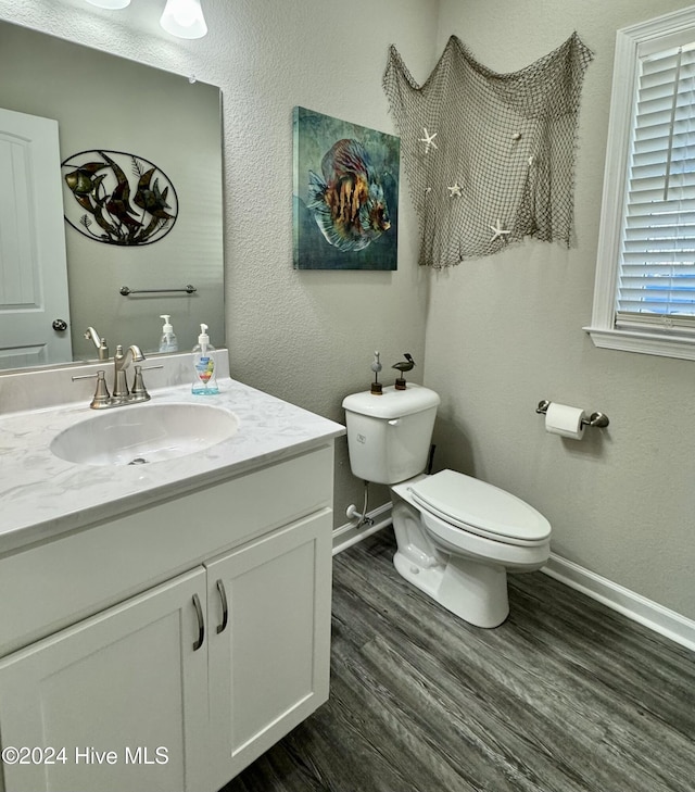 bathroom with hardwood / wood-style flooring, vanity, and toilet