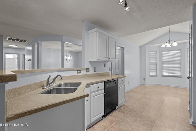 kitchen with white cabinetry, dishwasher, sink, a notable chandelier, and vaulted ceiling