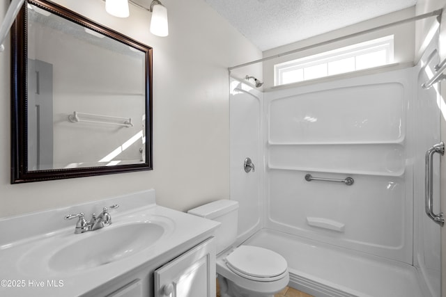 bathroom with a shower, vanity, a textured ceiling, and toilet