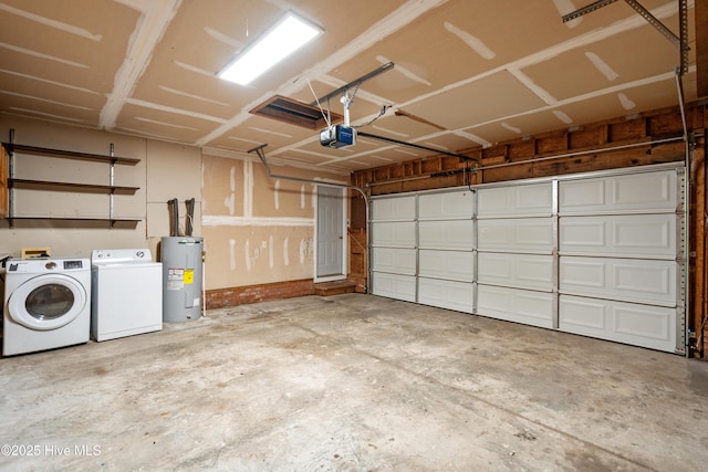 garage featuring washer and clothes dryer, a garage door opener, and water heater