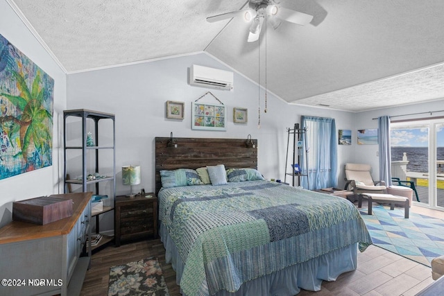 bedroom featuring ornamental molding, a textured ceiling, vaulted ceiling, ceiling fan, and a wall unit AC