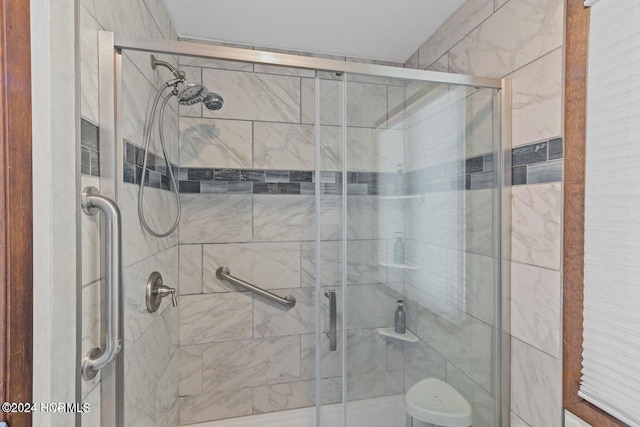 bathroom with a shower with shower door