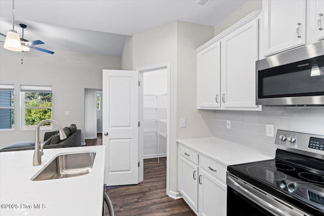 kitchen featuring sink, dark hardwood / wood-style flooring, backsplash, white cabinets, and appliances with stainless steel finishes