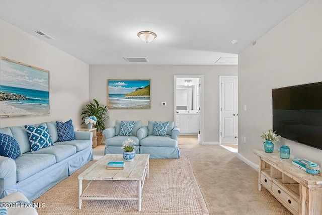 living room featuring light colored carpet