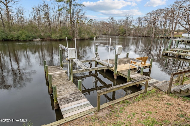 dock area with a water view and boat lift