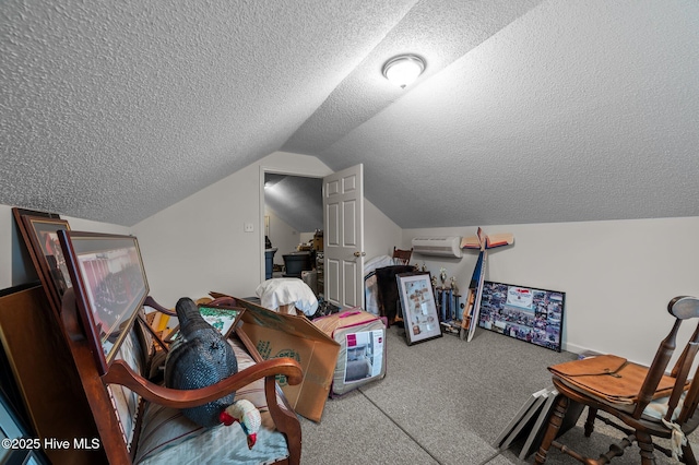 bonus room featuring lofted ceiling, carpet floors, and a textured ceiling